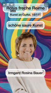 Porträtfoto von Irmgard Rosina Bauer auf buntgestreiftem Hintergrund