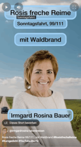 Ein Foto von Irmgard Rosina Bauer, im Hintergrund blauer Himmel, düstere Wolken freie Straßen mit nur einem Auto.