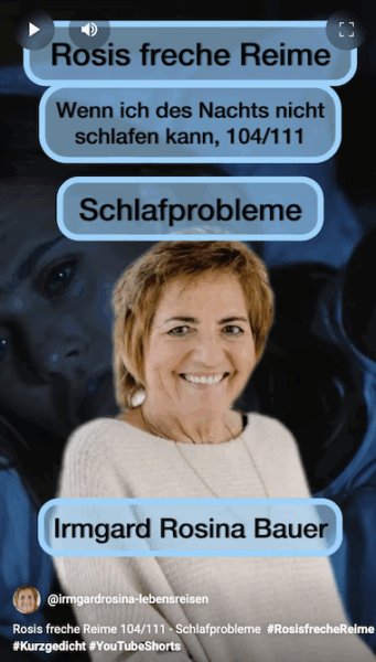 Thumbnail zu „Rosis freche Reime“: Text „Wenn ich des Nachts nicht schlafen kann (104/111)“ und „Schlafprobleme“. Unten eine lächelnde Frau im hellen Pulli vor dunklem, nächtlichem Hintergrund.