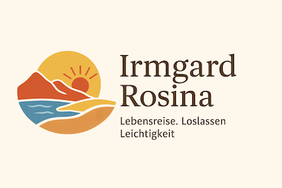 Logo Shop Irmgard Rosina Bauer. Sonne, See, Berge stilisiert. Text: Lebensreise. Loslassen. Leichtigkeit