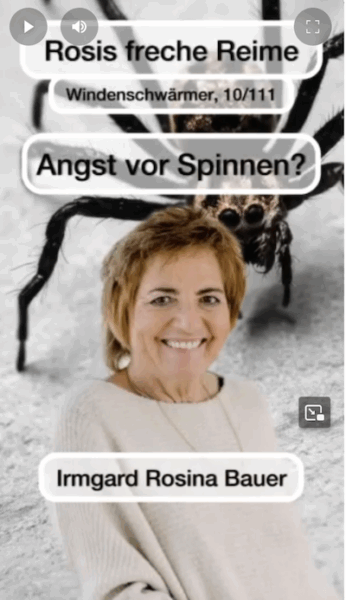 YouTube-Thumbnail mit Spinnenmotiv und blau-weißen Textlabels; vorne ein Foto von Irmgard Rosina Bauer, Thema: Windenschwärmer statt Spinne.