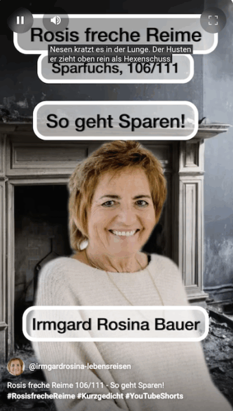 Irmgard Rosina Bauer lächelt vor einem Kamin, daneben der Text: „Rosis freche Reime – Der Sparfuchs“. Humorvolles Herbstmotiv zum Thema Heizungskosten sparen.
