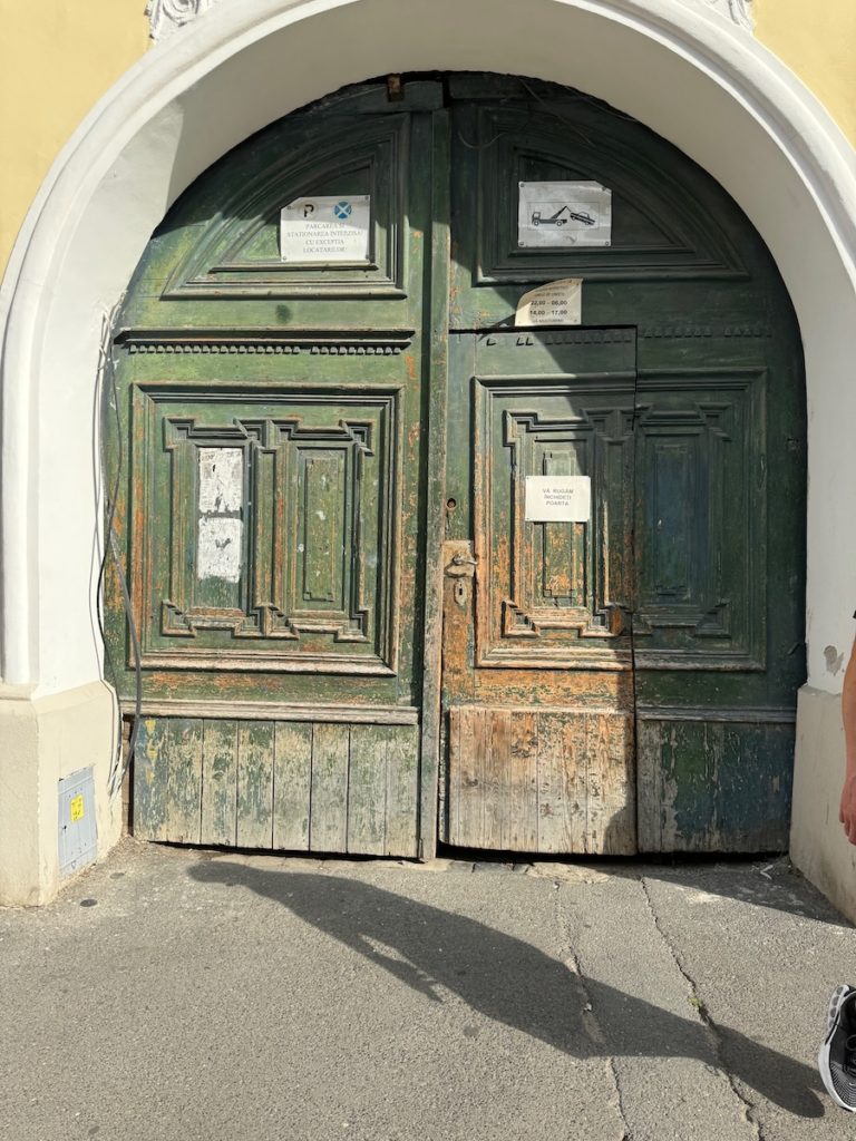 grün-verblichenes Hoftor mit starken Beschädigungen, weiße Schilder tragen Texte