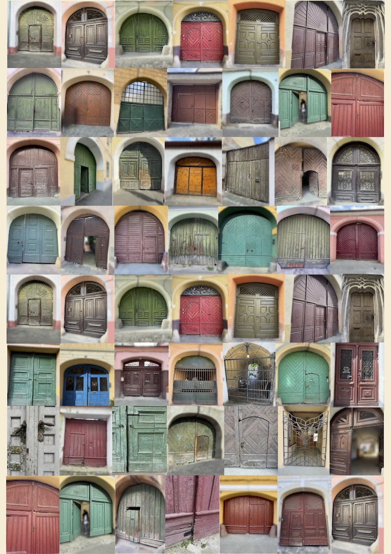 Collage aus 50 bunten Hoftoren aus Hermannstadt, Siebenbürgen – digitales Kunstposter zum Download.