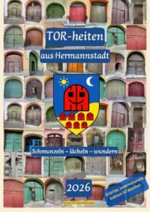 Titelbild des TORheiten-Kalenders 2026 mit einem Mosaik aus farbigen Hermannstädter Hoftoren und dem Stadtwappen, kombiniert mit dem Schriftzug ‚Schmunzeln – lächeln – wundern‘.