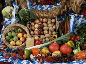 Bunte Erntedankgabe mit Kartoffeln, Kürbissen, Äpfeln, Birnen, Zwiebeln und Gemüse auf blau-weißer Tischdecke – Sinnbild für herbstliche Fülle und Dankbarkeit.