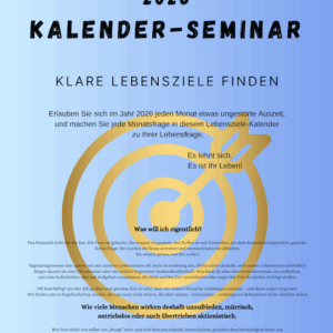 Titelcover des „Kalender-Seminars 2026 – Klare Lebensziele finden“ mit goldenem Zielscheiben-Symbol und motivierendem Einführungstext.