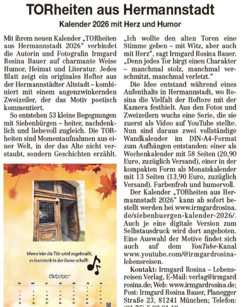 Zeitungsausschnitt aus der Siebenbürgischen Zeitung über die TORheiten-Kalender 2026 mit Foto eines Hermannstädter Hoftores.