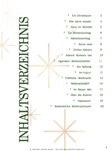 Inhaltsverzeichnis des Weihnachtsbooklets mit Gedichten und Texten zur Advents- und Weihnachtszeit