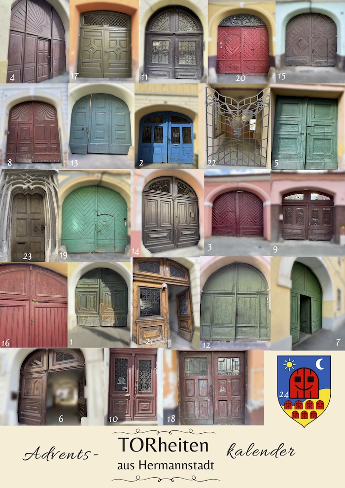 Collage aus 24 Hoftoren aus Hermannstadt – Titelbild des Adventskalenders TORheiten 2025 mit nummerierten Toren als Adventstürchen.