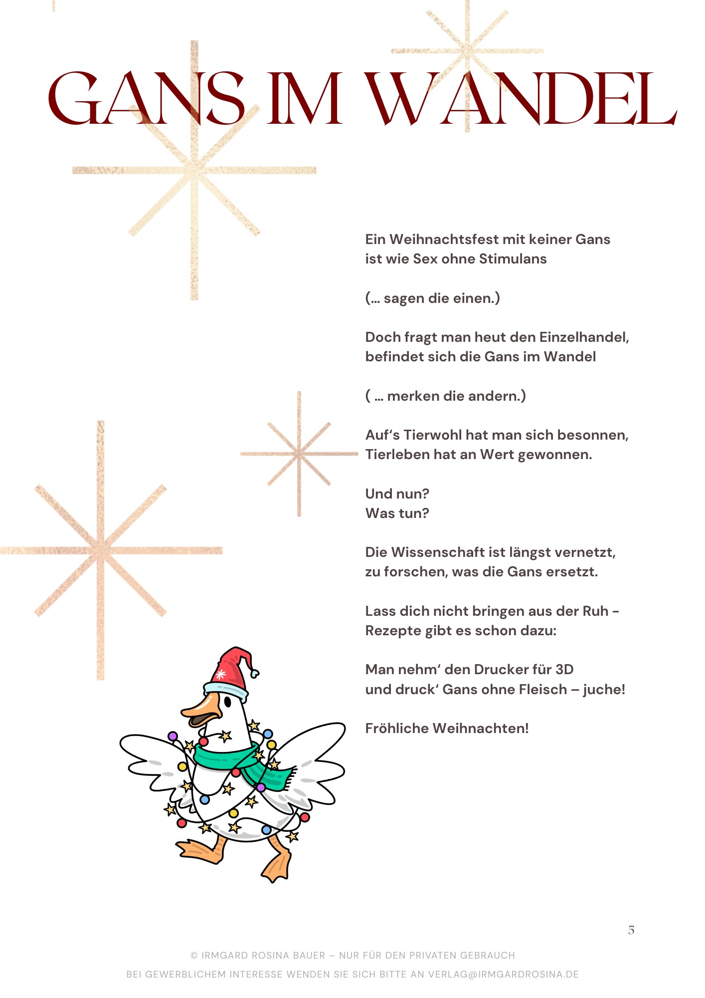 Gans im Wandel – ein humorvolles Weihnachtsgedicht über Tradition, Tierwohl und Gelassenheit