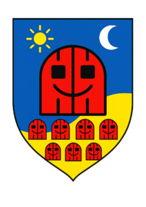 Modernes Siebenbürgen-Wappen mit stilisiertem roten Hoftor-Motiv, Sonne, Mond und gelbem Hügel. Eigentum der Autorin Irmgard Rosina Bauer