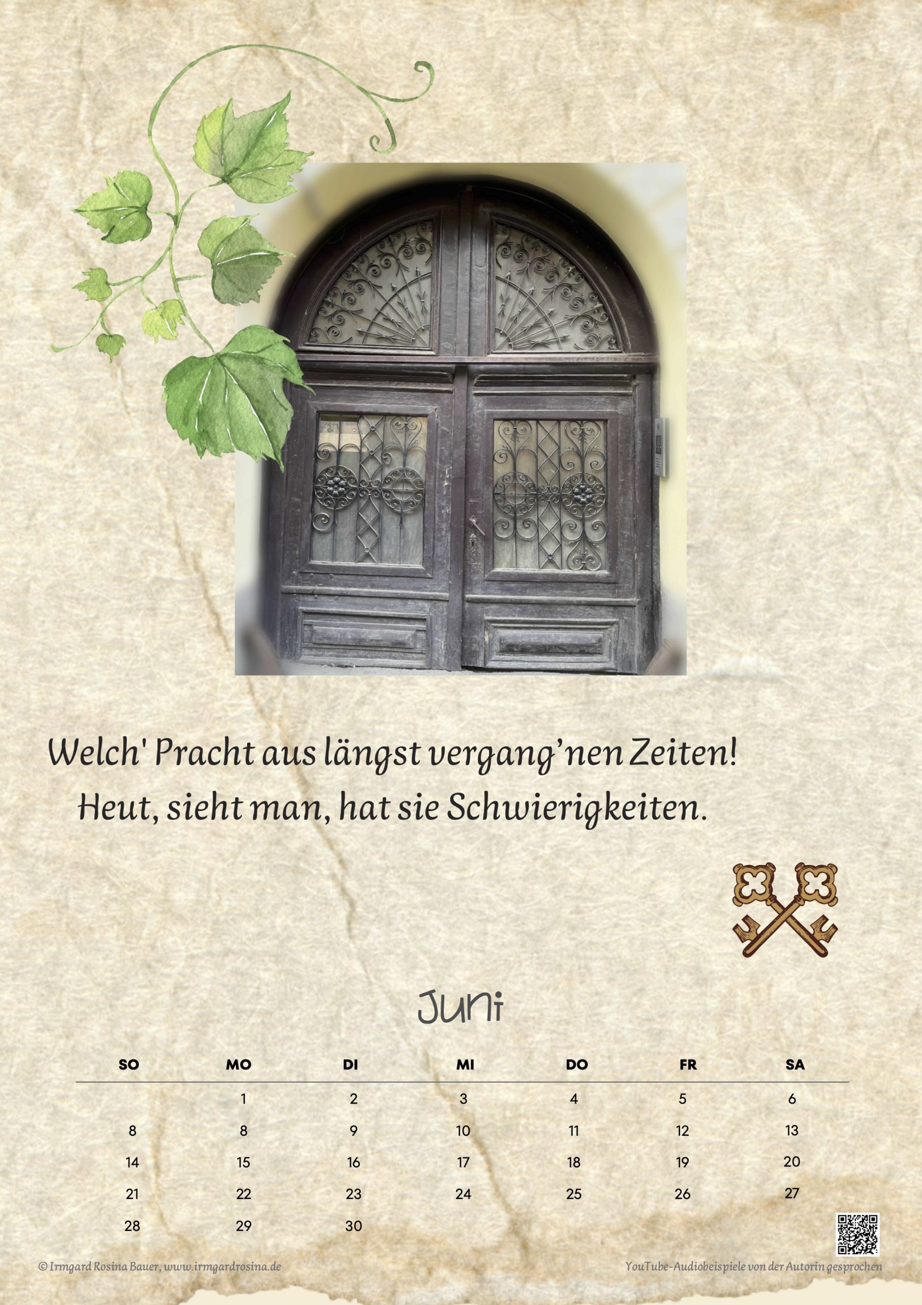Altes verziertes Hoftor aus Hermannstadt, eingebettet in ein naturfarbenes Kalenderblatt für Juni mit Gedicht.
