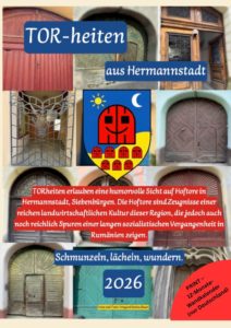 Cover des 12er TORheiten-Kalenders mit Hermannstädter Hoftoren, Wappen und Beschreibungstext über Humor, Kultur und regionale Geschichte.