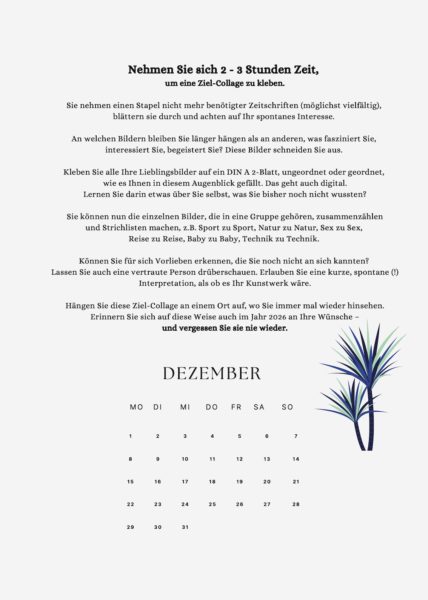 Kalenderseite Dezember 2025 mit Impuls zur Ziel-Collage und übersichtlichem Monatskalender