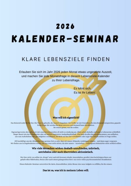Titelseite des Lebensziele-Kalenders 2026 mit dem Titel „Kalender-Seminar – Klare Lebensziele finden“
