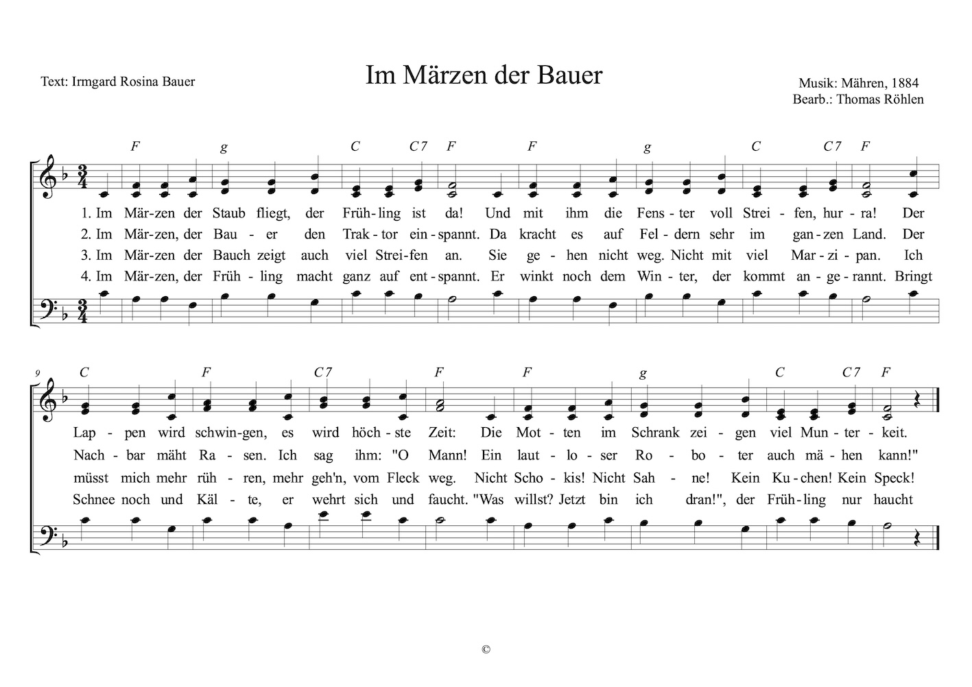 Notenblatt zum humorvollen Frühlingsgedicht „Im Märzen der Staub fliegt“ von Irmgard Rosina Bauer nach der Melodie von „Im Märzen der Bauer“.