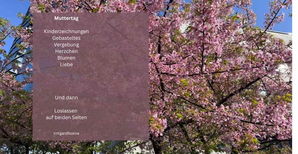 Kirschblüten im Querformat mit halbtransparentem Textfeld und Muttertagsgedicht über Loslassen und Liebe.