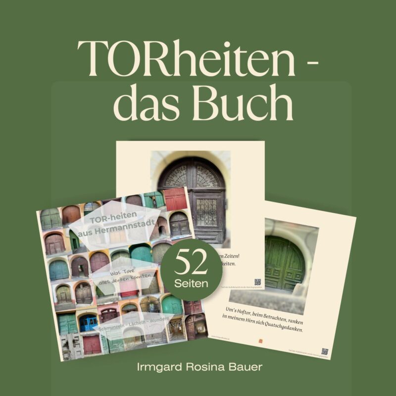 Cover des Buchprojekts „TORheiten aus Hermannstadt“ von Irmgard Rosina Bauer mit Fotografien historischer siebenbürgischer Hoftore aus Hermannstadt und humoristischen poetischen Texten.