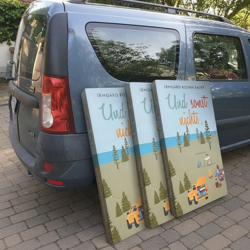 3 Bücherplakate mit Titel "Und sonst nichts" lehnen an einem Van an.