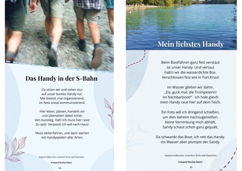 Doppelseite aus „Augenzwinkereien zwischen Wein und Rauschen“ mit den Reimgeschichten „Das Handy in der S-Bahn“ und „Mein liebstes Handy“