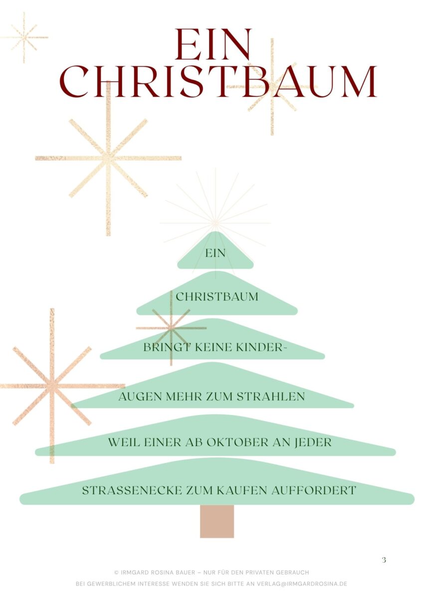 Weihnachtsgedicht „Ein Christbaum“ von Irmgard Rosina Bauer in Form eines Weihnachtsbaums