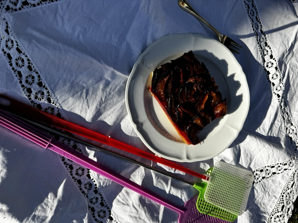 Stück Zwetschgenkuchen auf einem weißen Teller im Sonnenlicht, daneben drei bunte Fliegenklatschen auf einer weißen Spitzentischdecke.