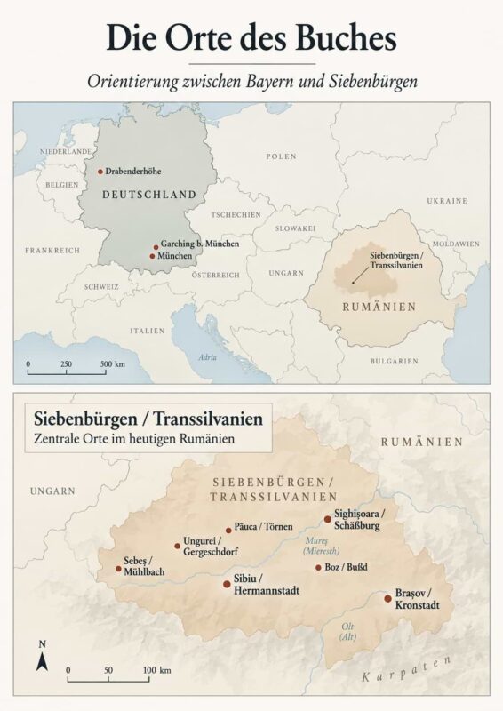 Karte zu „Bayern, Siebenbürgen und ich“ mit wichtigen Orten der Familiengeschichte in Deutschland und Siebenbürgen, darunter München, Garching, Drabenderhöhe, Hermannstadt, Törnen, Gergeschdorf, Bußd, Mühlbach, Schäßburg und Kronstadt.