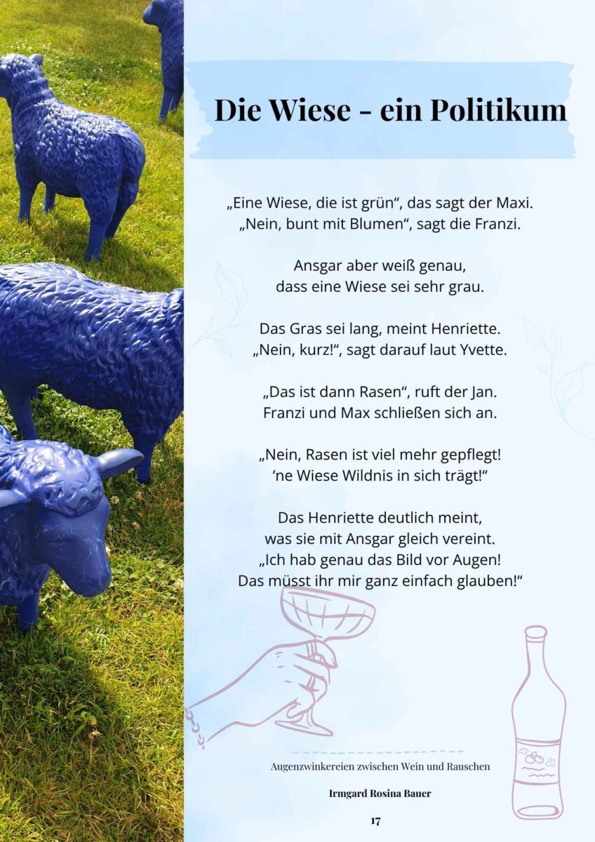 Augenzwinkerei „Die Wiese – ein Politikum“ von Irmgard Rosina Bauer mit blauen Schafen und humorvoller Reimgeschichte über unterschiedliche Sichtweisen auf eine Wiese.