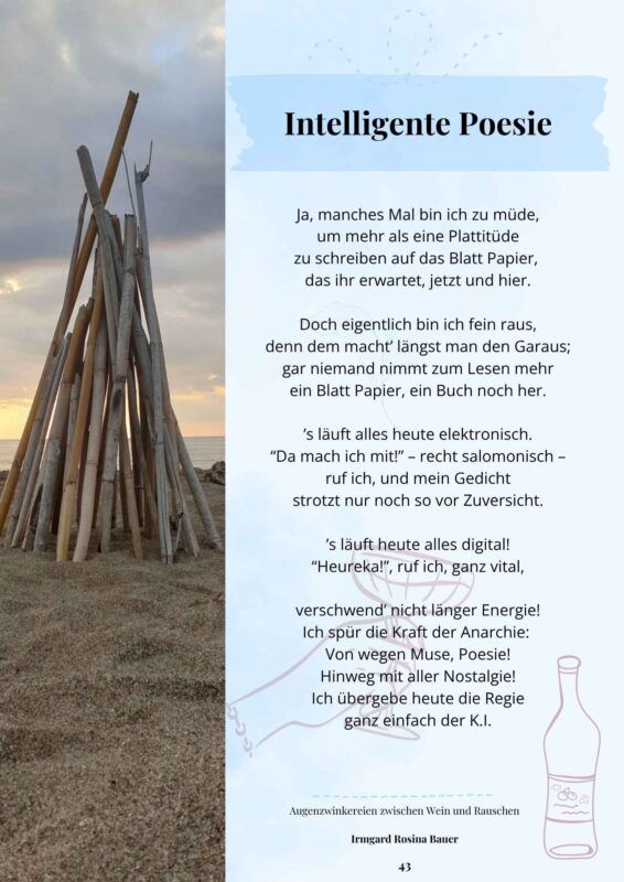 Bild-Text-Seite „Intelligente Poesie“ mit Treibholz-Konstruktion am Strand und humorvollem Reimgedicht über Schreiben und künstliche Intelligenz.