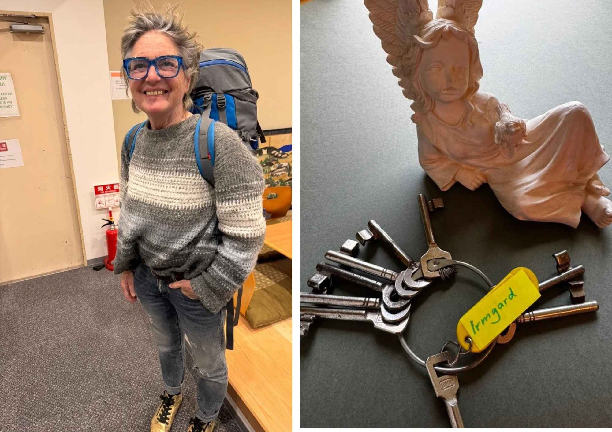 Irmgard Rosina Bauer mit Rucksack und Schlüsselbund vor einer Engelsfigur – symbolisches Bild zu einem humorvollen Kirchweihgedicht über Älterwerden und Anderssein.