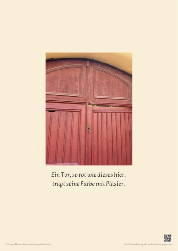 TORheiten-Motiv mit rotem historischem Hoftor in Hermannstadt und dem Zweizeiler „Ein Tor, so rot wie dieses hier, trägt seine Farbe mit Pläsier.“